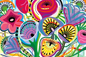 Garden Prints: All over Blooming Flowers Bouquet in Vivid Color Illustration