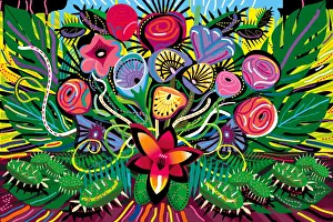 Prints of Digital Graphic Illustration of folk style flowers in tropical colors with blooming flowers, vines, foliage, and twisting lines Quirky Art Illustration Prints: All over Blooming Flowers Bouquet in Vivid Color Illustration