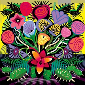 Prints of Digital Graphic Illustration of folk style imaginary flowers in tropical colors with vines and twisting lines and blooms Quirky Art Illustration Prints: All over Blooming Flowers Bouquet in Vivid Color Illustration