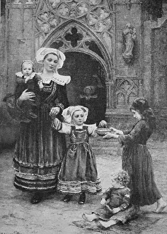 Almsman in front of a church in Brittany, France, 1876, Historic, digital reproduction of an original 19th century painting, original date not known