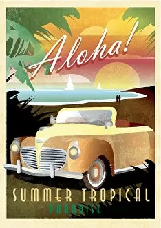 Images Dated 21st October 2017: Aloha Art Deco style Paradise classic convertible car poster design