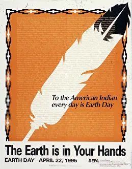 Prints of Poster commemorates the 25th anniversary of Earth Day, with an image of a feather on an orange background and the text To the American Indian every day is Earth Day, Washington DC, 1995 Timeless Moments: A Visual Journey Through History’s Defining Images: American Indian Earth Day Poster