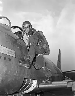 Cockpit Prints: American Pilot Major James Jabara Climbing from Cockpit