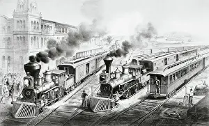 Currier And Ives Prints: American Railroad Scene: Lightning Express Trains Leaving the Junction by Currier & Ives