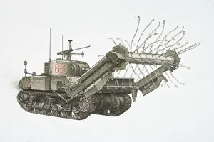 Vehicle Prints: American Sherman Crab, army tank with chains spinning on a cylinder attached by steel arms