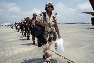 Saudi Arabia Prints: American Soldiers Marching to Airplane on Saudi Arabian Runway