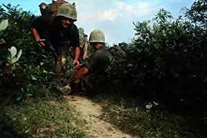Military Operation Prints: American Soldiers Stooping for Move in Enemy Territory