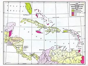Prints of Color map illustration titled The Caribbean Region Showing Protectorates of the United States 1917 which includes protectorates of the United States and territories of the United States Discover the World in Maps: Past, Present, and Beyond: American Territories And Protectorates In The Caribbean