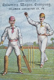 Prints of American trade card with a chromolithograph depiction of two men playing cricket, one bowling and one batting, printed with Compliments of Columbia Wagon Company, Columbia, Lancaster, Co, PA Legendary Moments & Global Spirit in Wall Art: American Trade Card