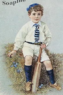 Prints of American trade card with a chromolithograph depiction of a young boy dressed in a white shirt and white shorts with a blue cap, socks and striped tie, sitting on the ground and holding a cricket bat Legendary Moments & Global Spirit in Wall Art: American Trade Card