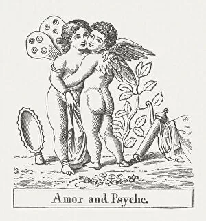 Oriental Style Woodblock Art Collection: Amor and Psyche, Roman Mythology, wood engraving, published in 1878