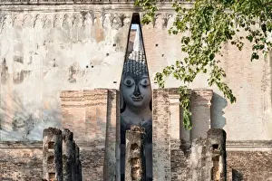 Southeast Prints: Ancient big buddha statue in Wat Si Chum temple at Sukhothai Historical Park