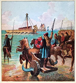 Ancient British warriors waiting to fight the Roman army on the beaches, Roman conquest of Britain