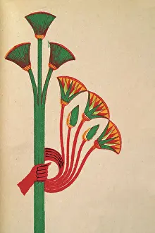 Ancient Egyptian art representation of papyrus plant and lotus flowers