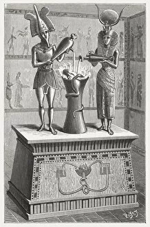 Ancient Egyptian Gods and Goddesses Gallery: Ancient Egyptian automaton, Altar with Isis and Osiris, published 1888