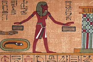 Ancient Egyptian, eye of horus, man holding hands over boxes, judgement