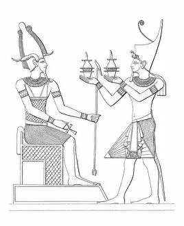 Ancient Egyptian Gods and Goddesses Gallery: Ancient egyptian King Seti I offering to goddess Osiris