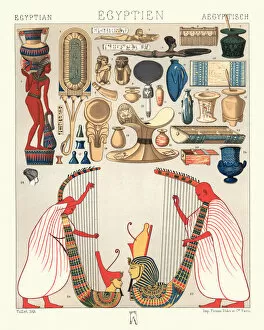 Images Dated 23rd May 2017: Ancient egyptian utensils and domestic objects harp musicians