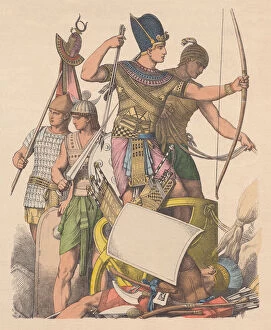 Images Dated 11th December 2017: Ancient egyptians warriors, hand-colored wood engraving, published c. 1880