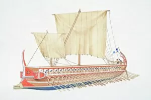 Technology Gallery: Ancient Greece, wooden sailing boat with two large sails