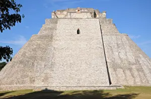 Ancient Mayan Step Pyramid with Blue Sky, Uxmal