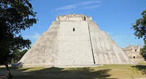 Steep Prints: Ancient Mayan Step Pyramid with Blue Sky, Uxmal