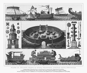 Images Dated 30th March 2017: Ancient Vessels and Naval Trappings Engraving, 1851