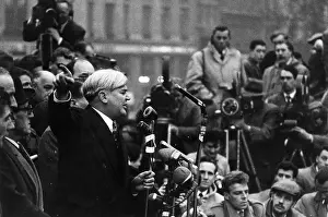 Prints of 4th November 1953: Labour politician Aneurin (Nye). Bevan (1897 - 1960) addressing crowds in Trafalgar Square during a rally protesting against the Government's action in the Suez Crisis A Tribute in Images to a Golden Era of Photojournalism: Aneurin Bevan