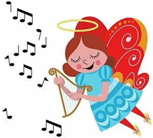 Child Gallery: Angel with halo and butterfly wings playing harp