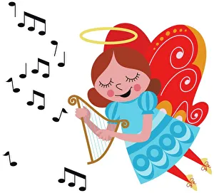 Group Of People Gallery: Angel with halo and butterfly wings playing harp