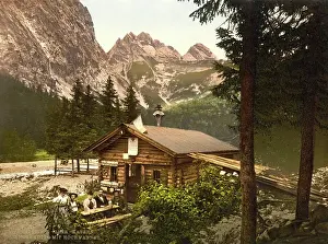 Angerhuette and Hockwanner, Hinterraintal, Upper Bavaria, Bavaria, Germany, Historic, digitally restored reproduction of a photochrome print from the 1890s