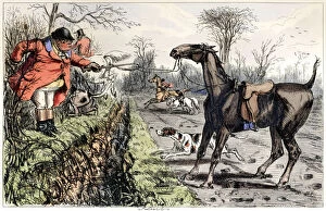 Images Dated 25th March 2016: Angry foxhunting man whose horse is refusing a jump