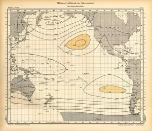 Images Dated 19th January 2018: Annual Mean Air Pressure Chart, Pacific Ocean, German Antique Victorian Engraving, 1896