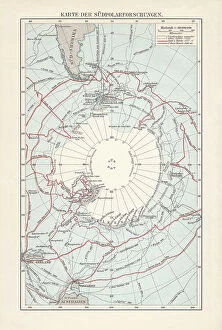 Adventure Collection: Antarctica map with sea routes of various explorers, lithograph, 1897