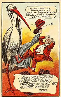 Prints of Anti-suffrage, new baby congratulations postcard, depicting an angry white stork attacking a man as a woman runs away in fear Historic Moments from the Women’s Fight for the Vote: Anti-Suffrage Stork Card