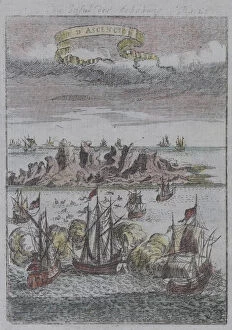 antique, armada, art, banner, battle, depicting, engraving, fleet, french, historic