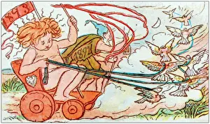 Antique children book illustrations: Bird powered cart