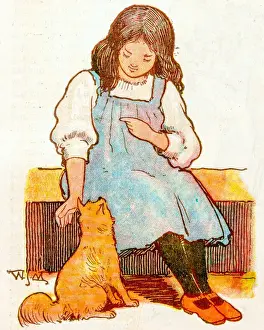 Antique children book illustrations: Girl and cat