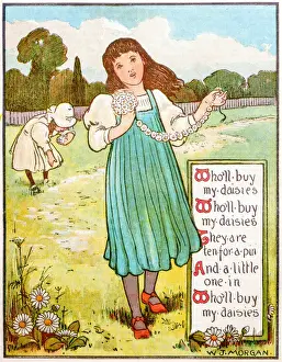 Antique children book illustrations: Girl with flowers
