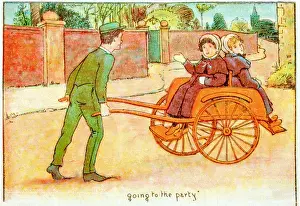 Antique children book illustrations: Girls on cart