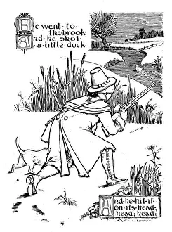 Antique children book illustrations: Man hunting duck