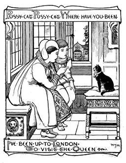 Antique children book illustrations: People and cat