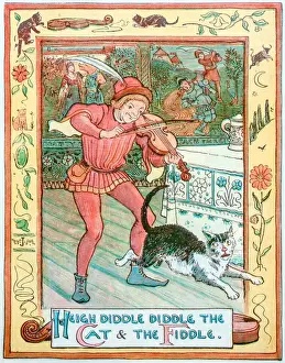 Bard Prints: Antique children book illustrations: Violin player and cat