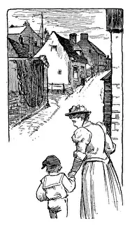 Antique children book illustrations: Woman and boy