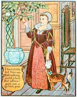 Images Dated 27th February 2018: Antique children book illustrations: Woman and pear