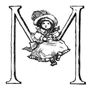 Antique children spelling book illustrations: Alphabet letter M