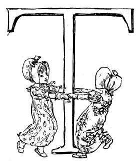 Antique children spelling book illustrations: Alphabet letter T