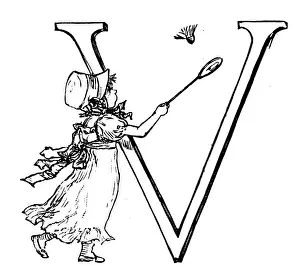 Antique children spelling book illustrations: Alphabet letter V