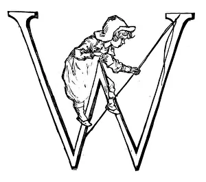 Antique children spelling book illustrations: Alphabet letter W