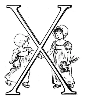 Prints of Antique children spelling book illustrations: Alphabet letter X Antique Children Book Illustration Prints: Antique children spelling book illustrations: Alphabet letter X